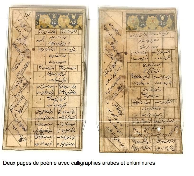 Deux pages de poeme avec calligraphies arabes et enluminures