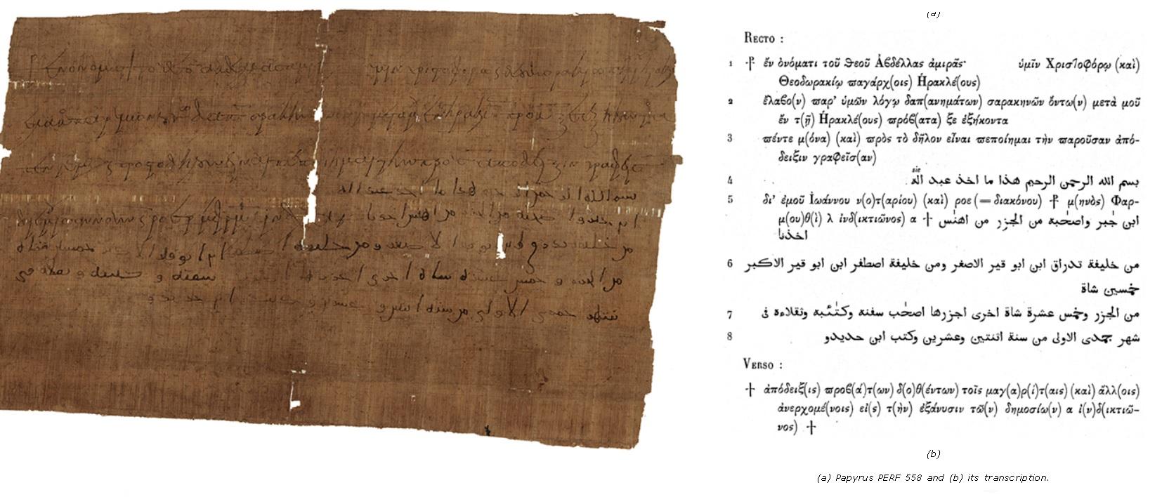 Perf n 558 l un des premiers papyrus bilingues de 22 hegire soit 643 ce