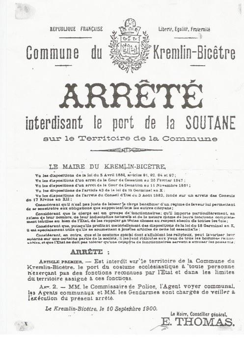 Arrete du 10 septembre 1900 interdisant le port de la soutane