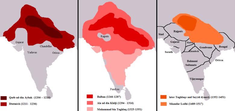 Evolution du territoire controle par les sultans de delhi